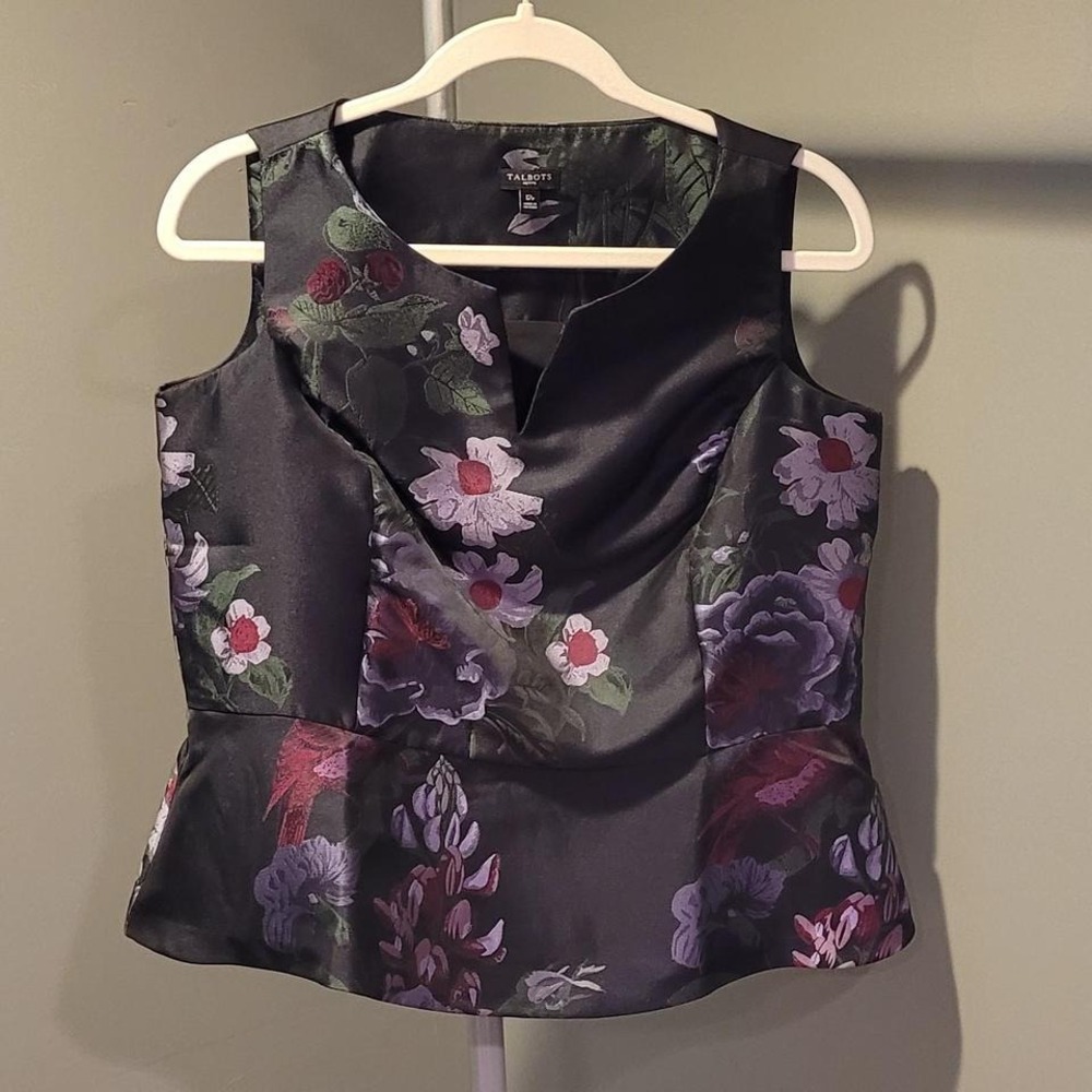 Talbots Jacquard Sleeveless Bird Floral Peplum Blouse, Women's Size 12 P, Black